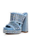 Square Rhinestones Frayed Open-toe Slip-on Denim Double Platform Sandals