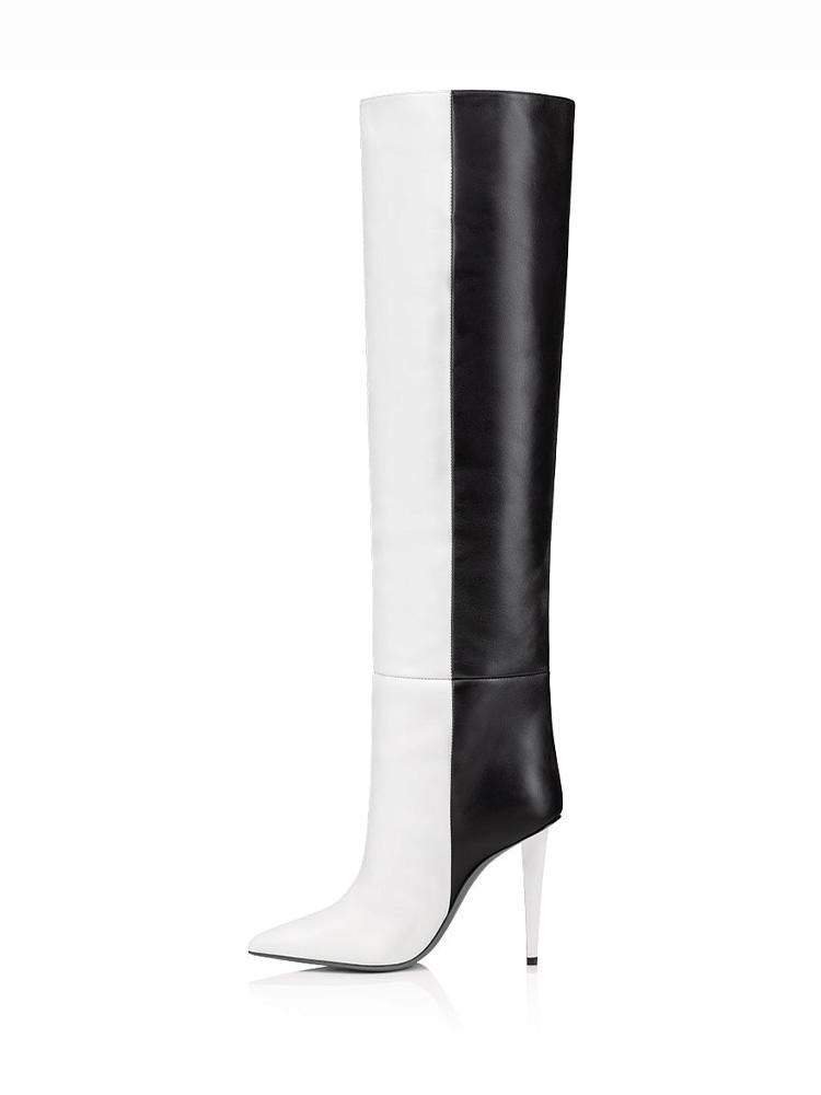 Black And White Patchwork Pointy High Heels Knee High Boots