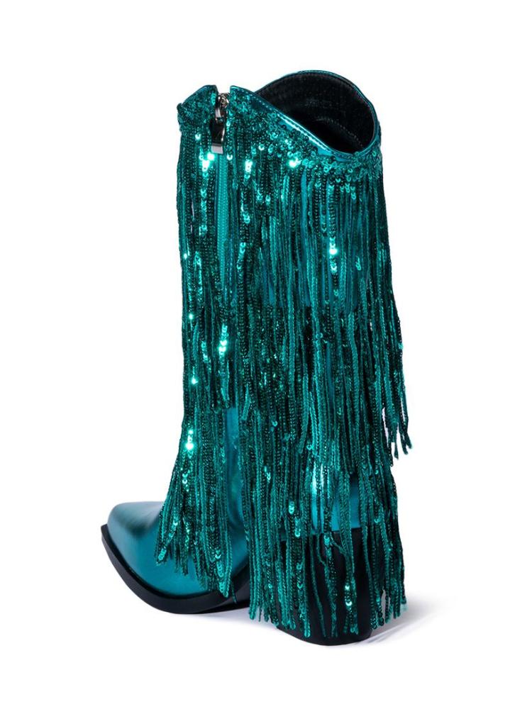 Metallic Sequin Fringed Zipper Pointy Chunky Heeled Western Cowgirl Ankle Boots