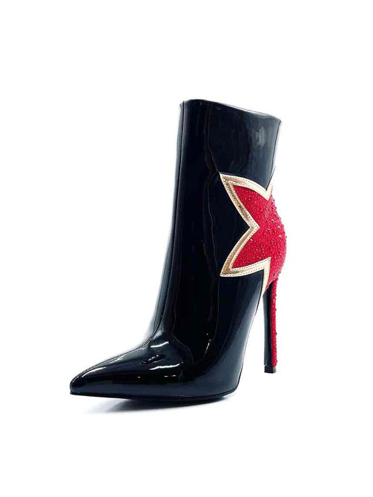 Red Maple Leaf Rhinestones Metallic Edge Applique Pointed-toe High Heels Ankle Boots