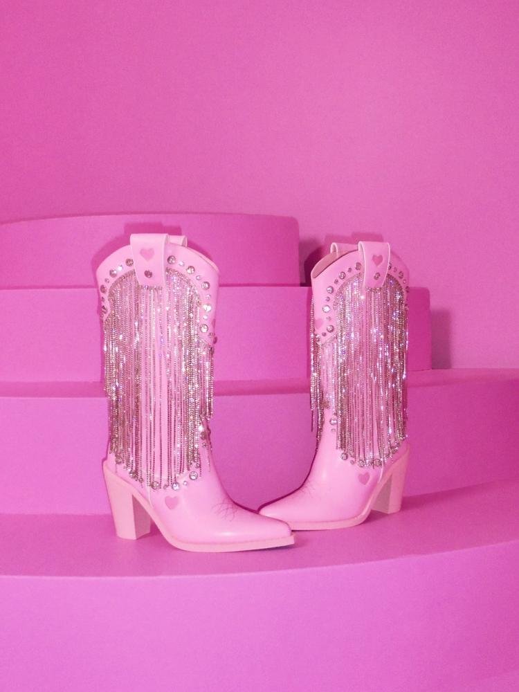 Pink Sparkly Rhinestone Fringe Cute Boots Heart Stitch Zip Pointy Mid-Calf Cowgirl Tall Boots