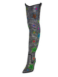 Multicolored Star Rhinestone Pointy Slip-On Over-Knee Thigh-High Western Boots