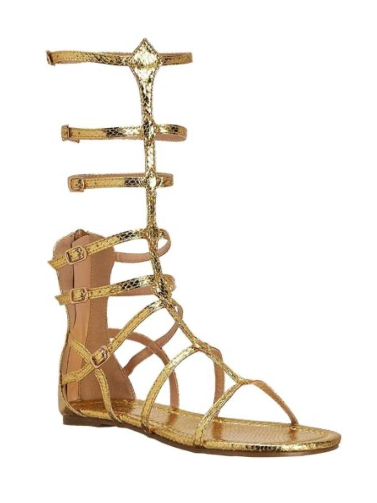 Metallic Gold Snakeskin Mid Calf Flat Gladiator Sandals With Round Toe Buckle Straps Zip
