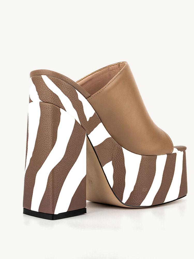 Brown Zebra Stripe Backless Platform Block Heeled Sandals Open Square Toe Slip-On Heels