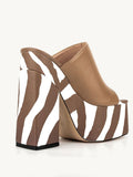 Brown Zebra Stripe Backless Platform Block Heeled Sandals Open Square Toe Slip-On Heels