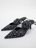 Black Polka Dot Flower Lace Up Pumps Pointy Kitten Heeled Gladiators