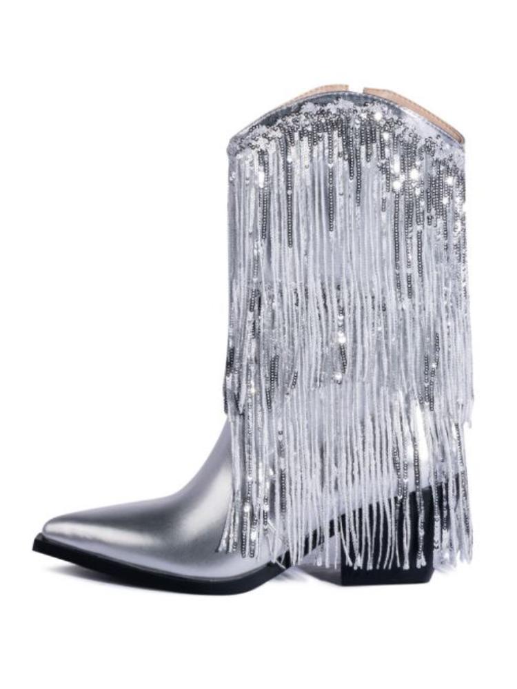 Metallic Sequin Fringed Zipper Pointy Chunky Heeled Western Cowgirl Ankle Boots