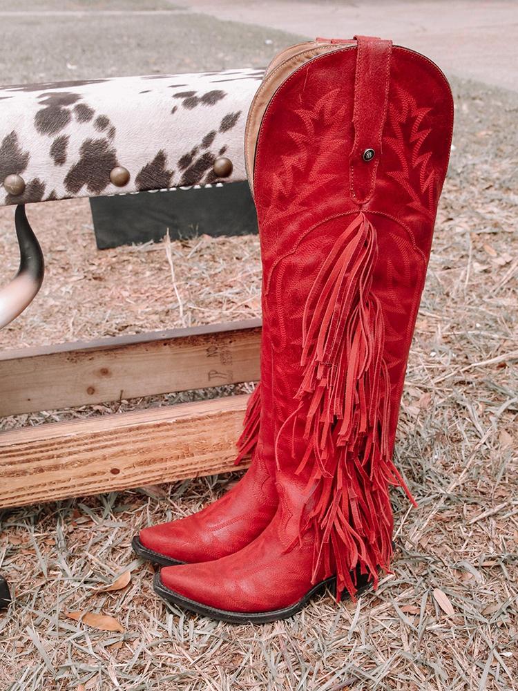 Red Fringe Embroidered Snip Zipper Knee High Cowgirl Boots