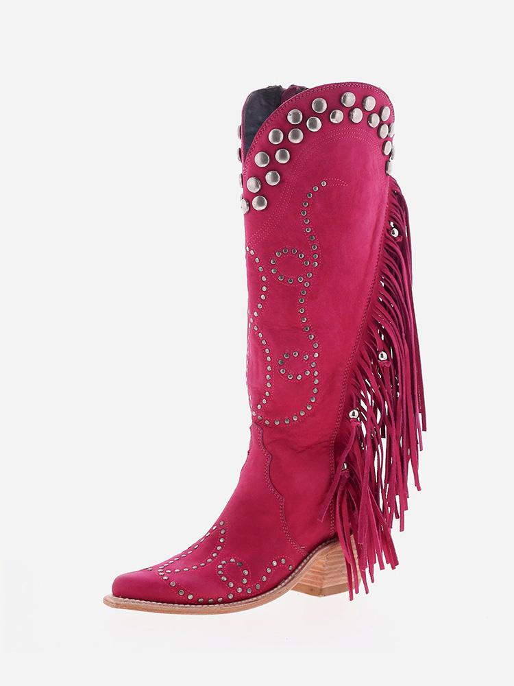 Pink Stud Fringe Stitch Zipper Pointy Cowgirl Mid Calf Boots