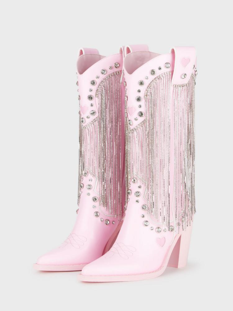 Pink Sparkly Rhinestone Fringe Cute Boots Heart Stitch Zip Pointy Mid-Calf Cowgirl Tall Boots