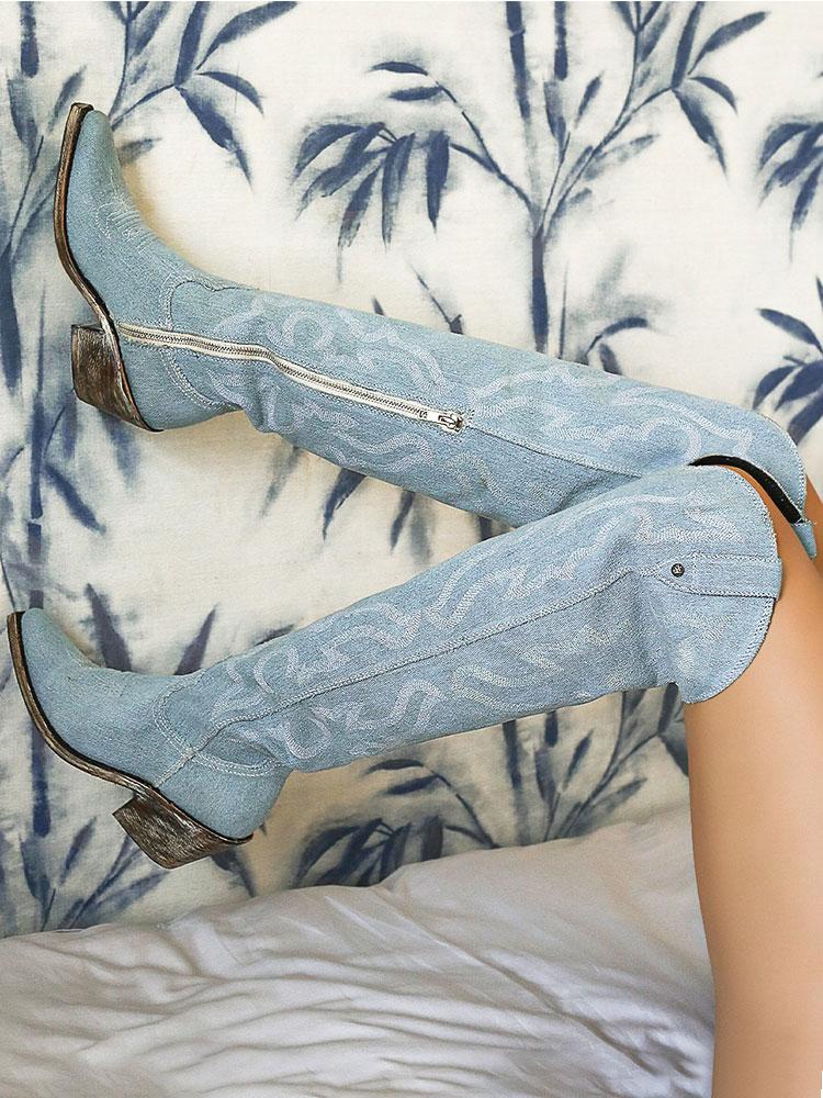 Denim Blue Embroidered Zipper Pointy Knee High Western Boots
