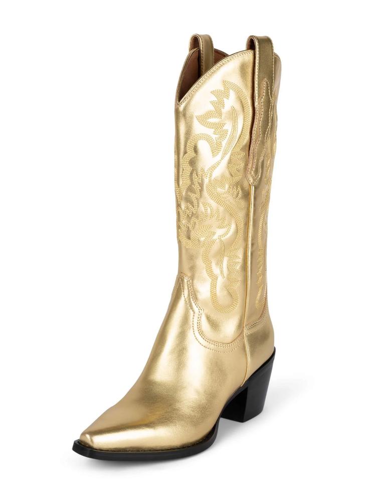 Classic Metallic Bright Embroidered Slip-On Mid Calf Pointed-Toe Chunky Heel Western Chelsea Boots