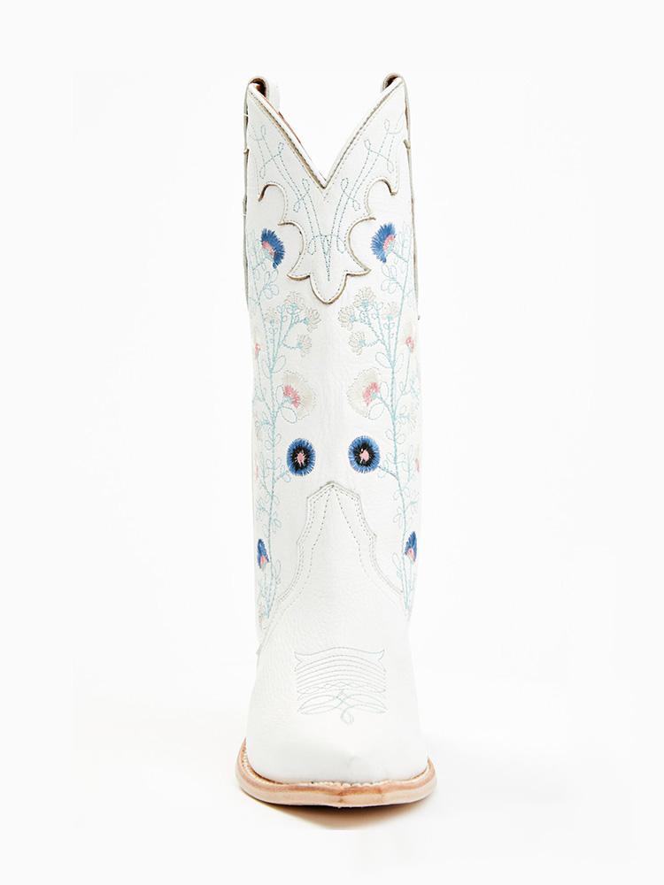 Floral Embroidered Pointed-toe Slip-on Mid-Calf Cowgirl Boots With Chunky Heel