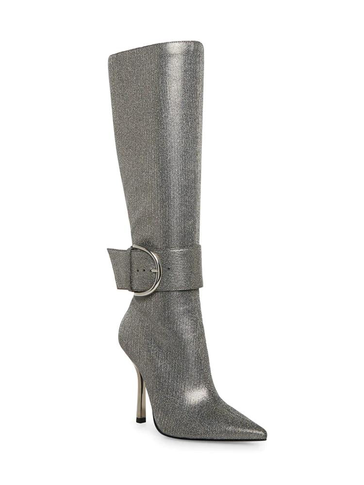 Fine Metallic Bright Buckle Zip Pointed Toe Stiletto Heel Mid Calf Boots