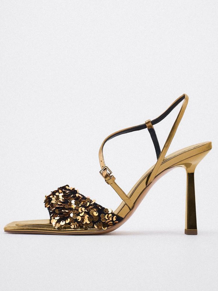 Metallic Gold Sequins Sandals For Wide Feet Instep Strap Square Toe Heels