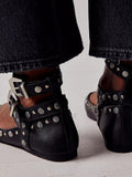 Black Stud Double Buckled Strap Square Toe Mary Jane Flats