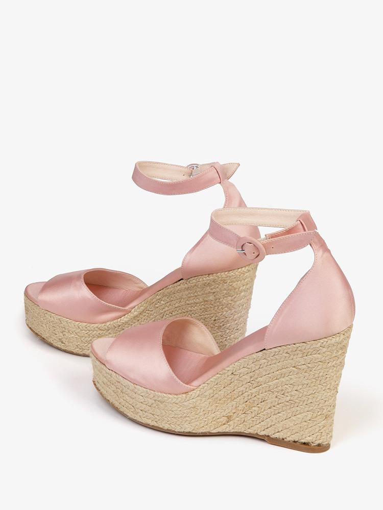 Light Pink Satin Cross Bands Open-toe Buckle Ankle Strap Espadrille Wedge Sandals