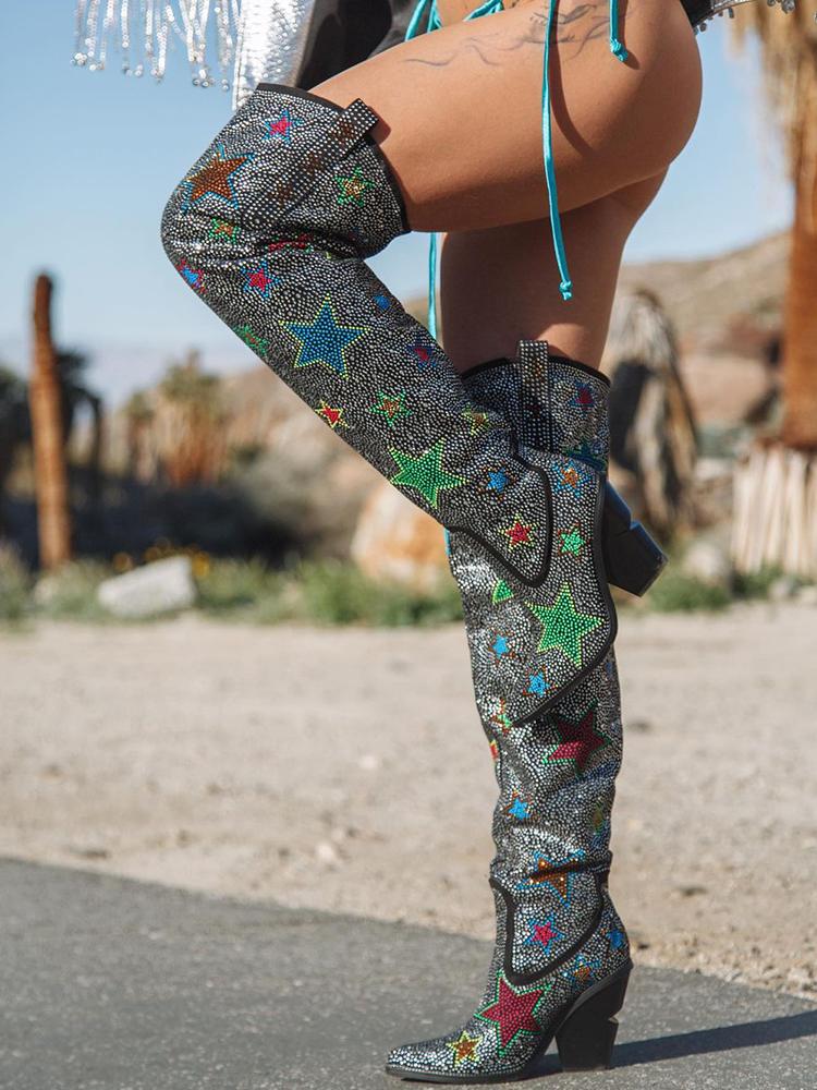 Multicolored Star Rhinestone Pointy Slip-On Over-Knee Thigh-High Western Boots