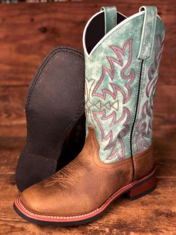 Brown Vegan Leather Patchwork Embroidery Square-toe Slip-on Mid-Calf Western Cowgirl Boots