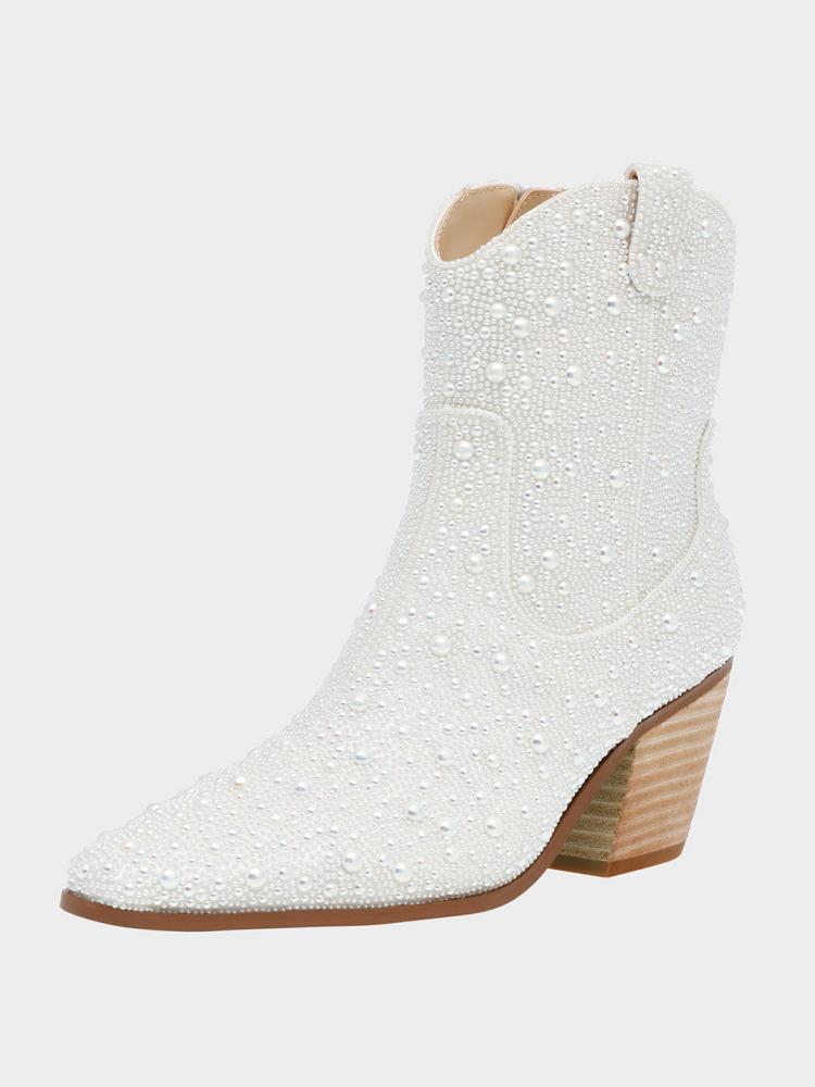White Pearl Zipper Round Toe Cowgirl Ankle Boots