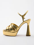 Metallic Gold Snakeskin Cross Strap Platform Flared Heeled Sandals With Ankle Strap