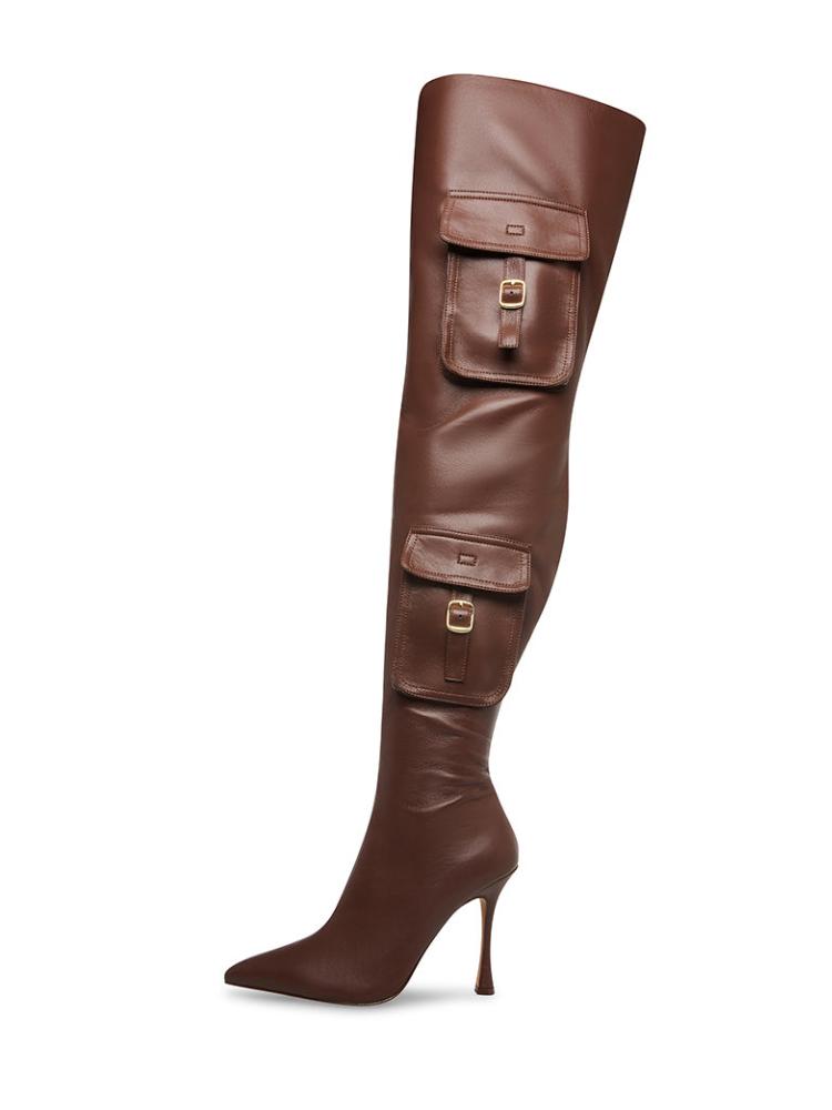 Denim Pocket Zip Pointed Toe Flared High Heel Over The Knee Thigh High Boots