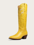 Yellow Inlay Lightning Knee High Boots Stitch Slip-On Round Cowgirl Heeled Boots