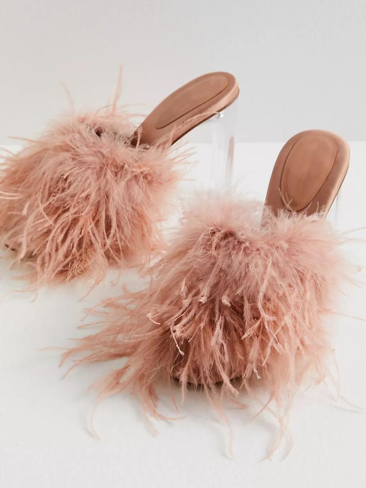 Fluffy Feather Round Toe Backless Slip-On Clear Heeled Sandals In Black Lilac Nude