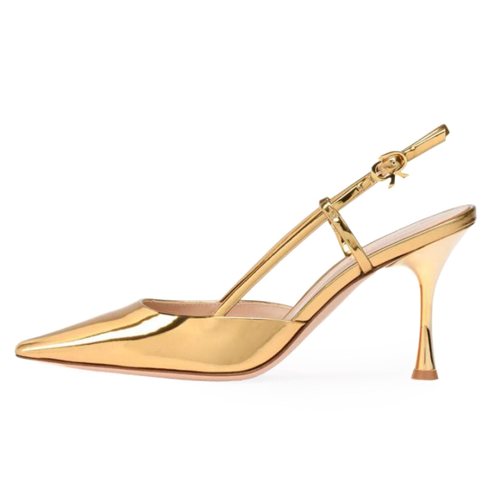 Gold Slingback Flared Heel Pumps Metal Ribbon Buckle Women Pumps