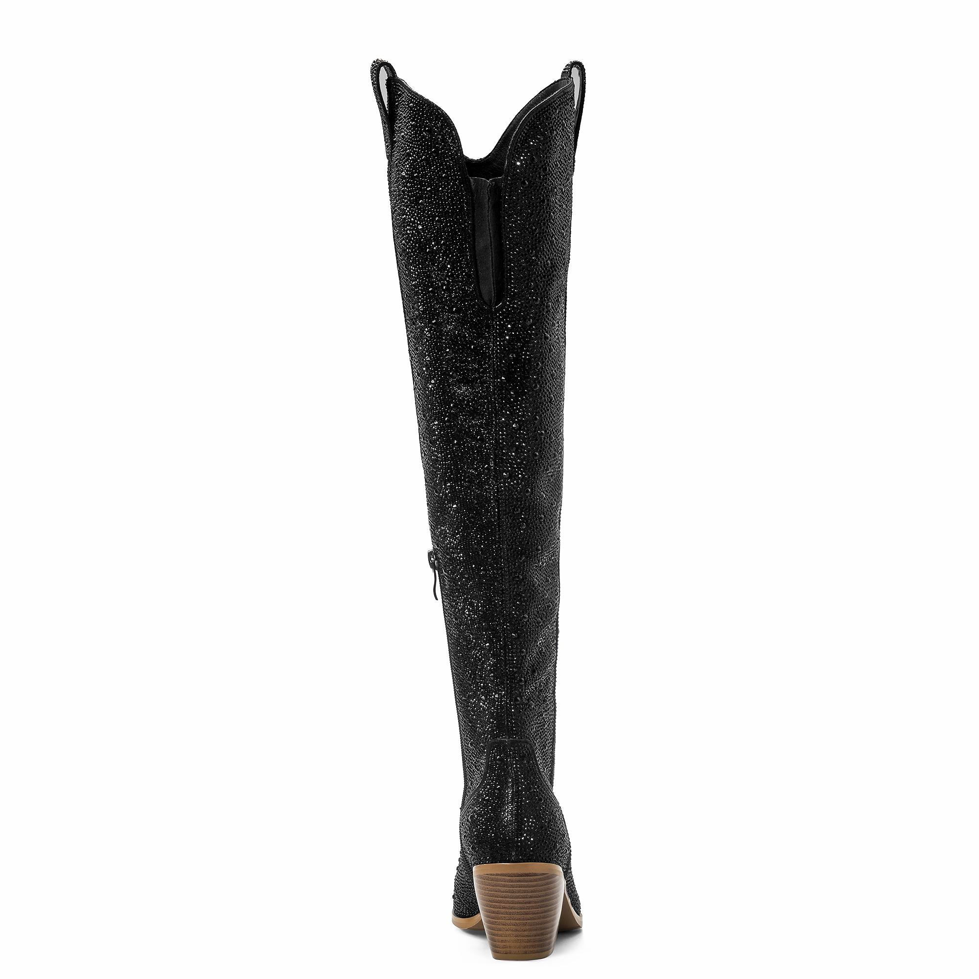 Rhinestone Zipper Pointy Western Over The Knee Boots Thigh High Boots