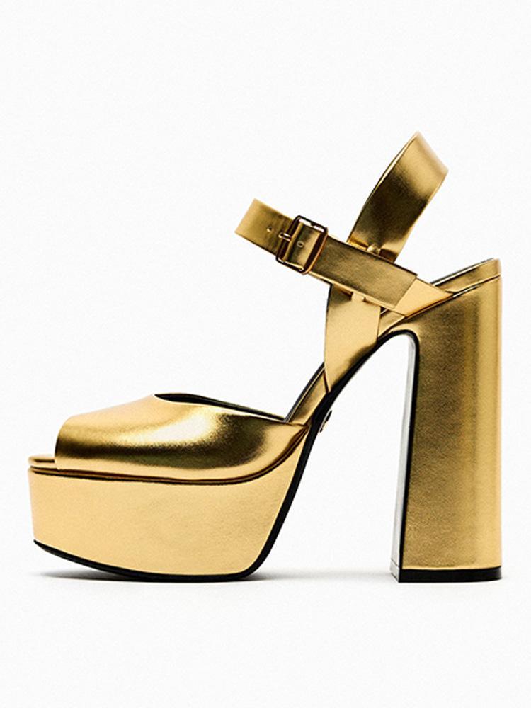 Gold Metallic Peep-toe Buckle Platform High Chunky Heel Sandals With Adjustable Strap