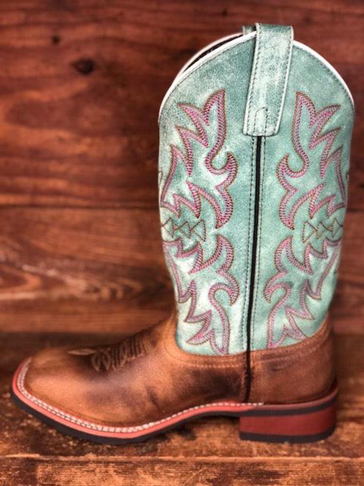 Brown Vegan Leather Patchwork Embroidery Square-toe Slip-on Mid-Calf Western Cowgirl Boots