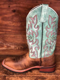 Brown Vegan Leather Patchwork Embroidery Square-toe Slip-on Mid-Calf Western Cowgirl Boots