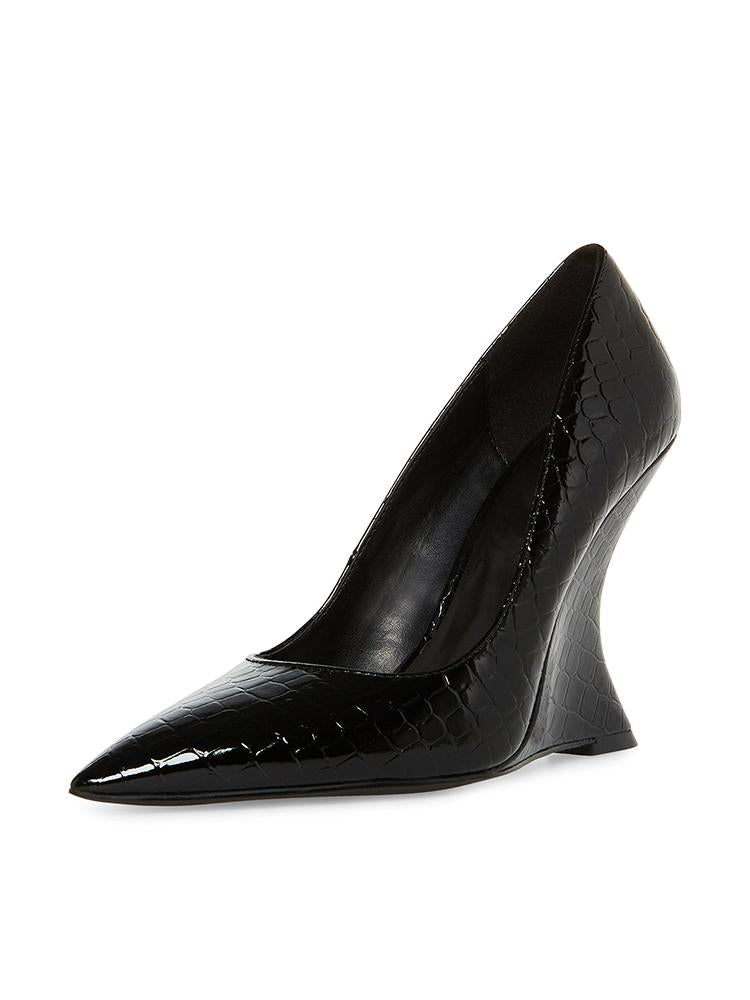 Metallic Crocodile Pointy Curved Wedge Slip-On Pumps