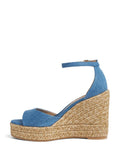 Blue Denim Open-toe Espadrille Wedge Sandals With Buckle Ankle Wrap