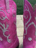 Pink Embroidered Crystal Rhinestone Square Toe Mid Heel Western Mid Calf Boots