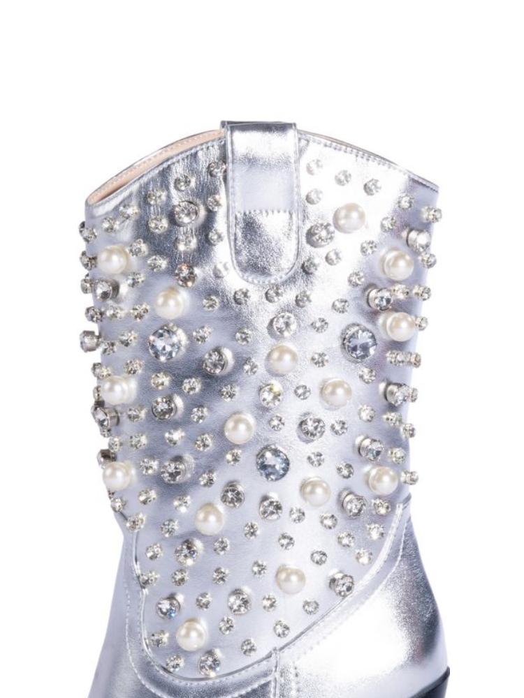 Metallic Silver Pearl Rhinestone Embroidered Snip Toe High Heeled Cowgirl Mid Calf Boots