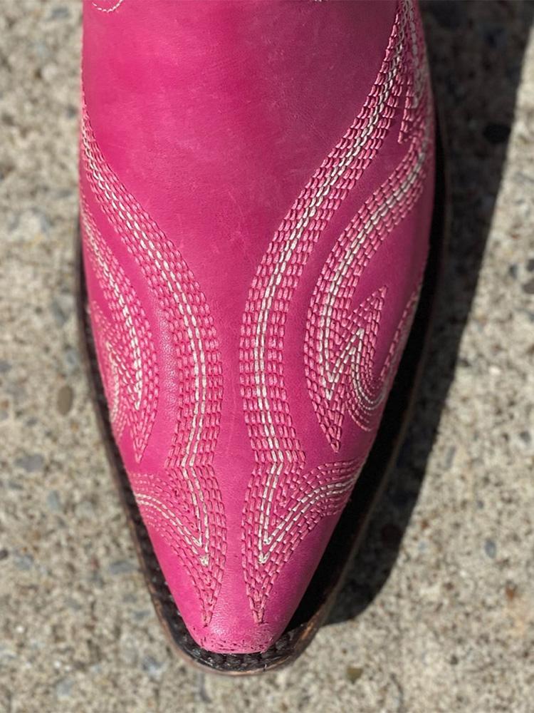 Hot Pink Embroidered Wide Mid Calf Boots Snip Toe Chunky Heeled Western Boots