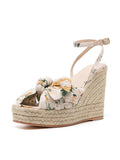 Apricot Floral Print Cloth Bows Open-toe Espadrille Wedge Sandals With Buckle Ankle Strap