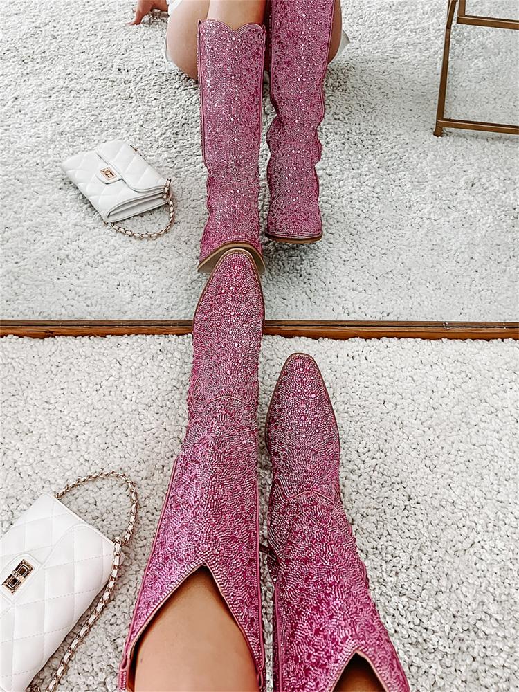 Pink Rhinestone Pointy Slip-on Mid-Calf Cowgirl Boots