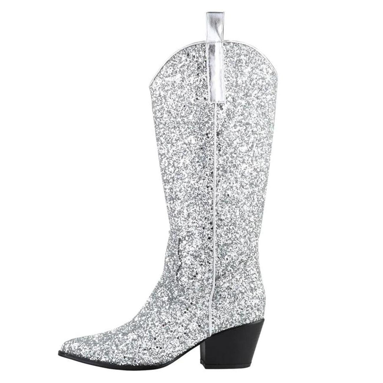 Glitter Zipper Pointy Mid Calf Cowgirl Boots In Gold Silver Black