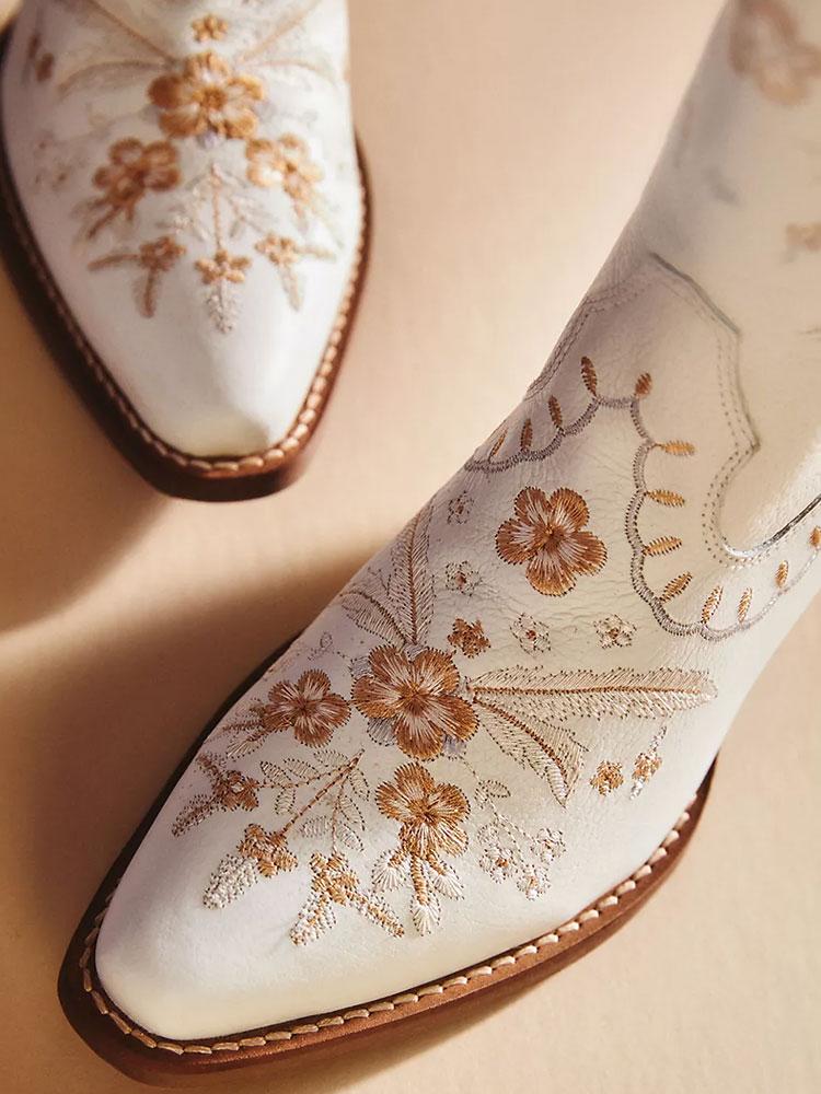 White Floral Embroidered Snip Chunky Heeled Wide Mid Calf Western Boots