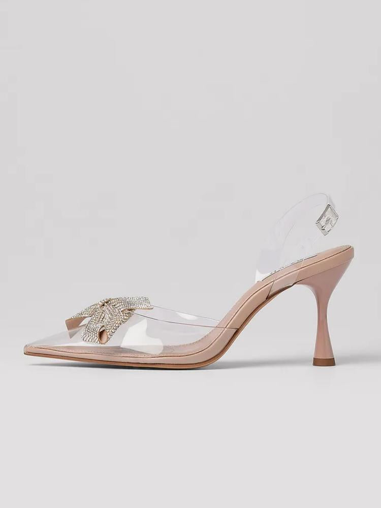 Fashion Clear Rhinestone Bow Buckle Strap Flare-Heeled Pointed-Toe Pumps