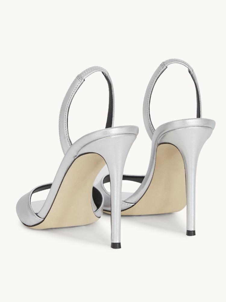 Metallic Silver Slingback Sandals With Round Toe Stiletto Heel