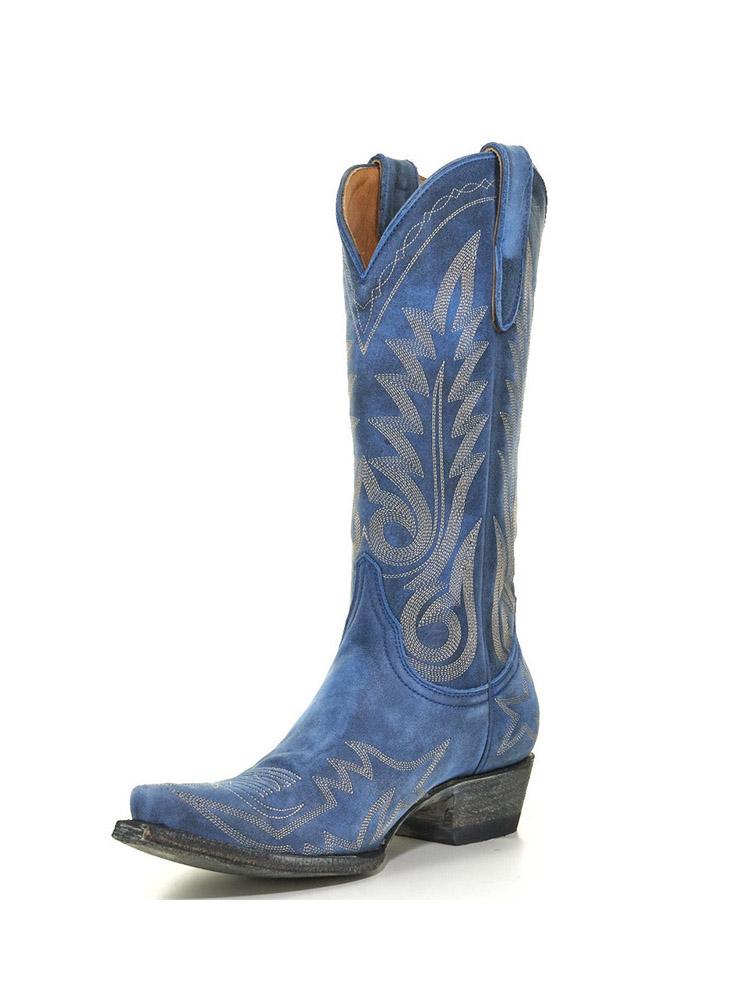 Azul Embroidered Snip-toe Slip-on Mid-Calf Western Cowgirl Boots