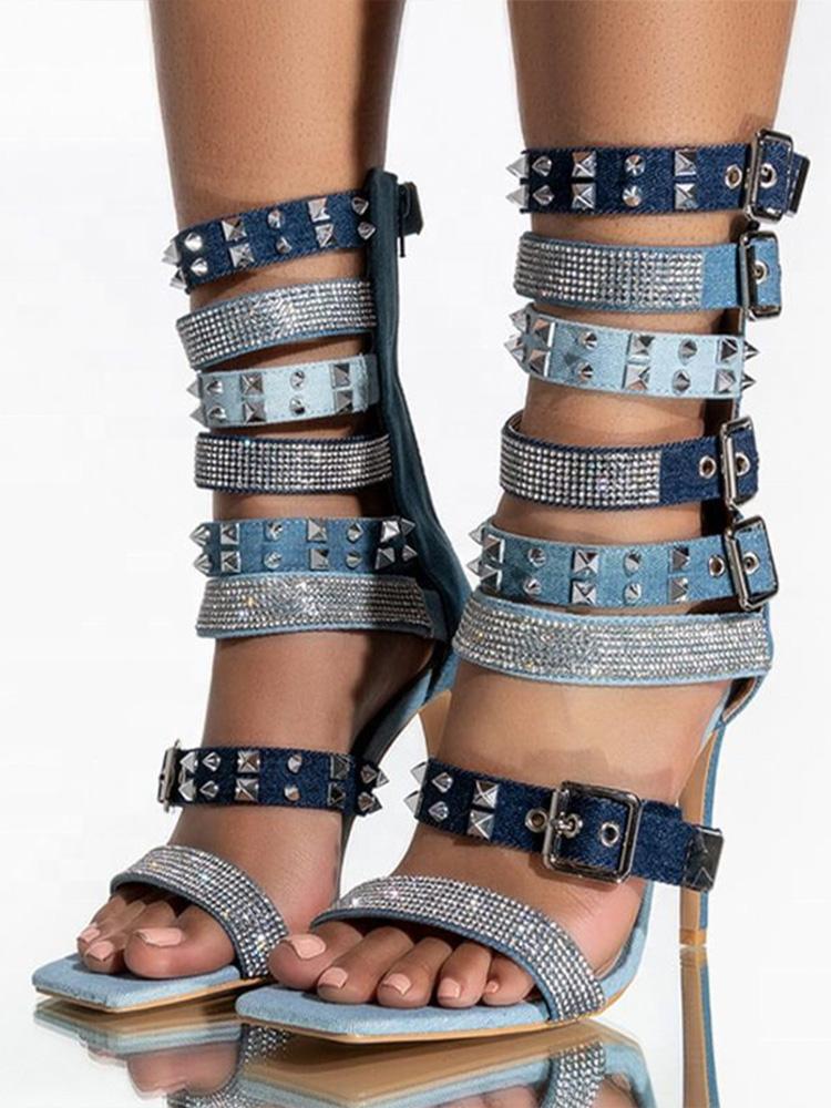 Multi-Strap Studs and Rhinestones Buckles Square-toe Zip Stiletto Heel Denim Sandals