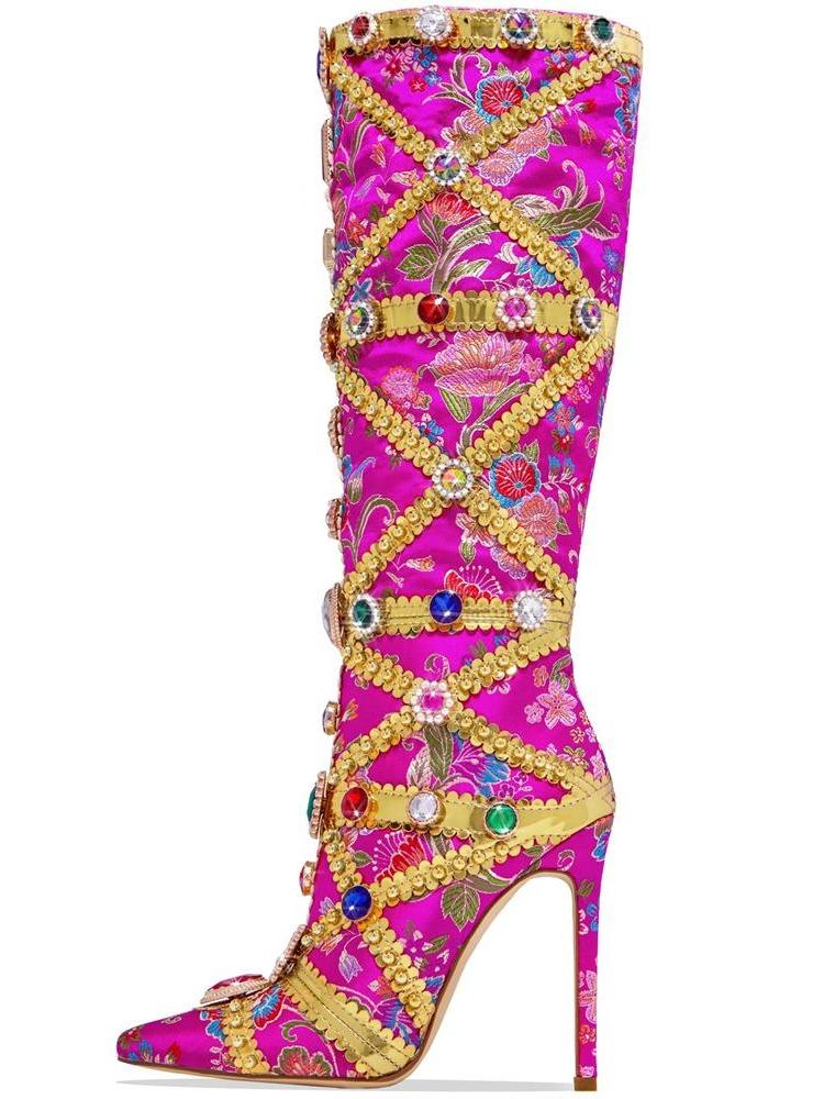 Pink Rhinestone Satin Pointed Toe Zip Mid-Calf Cowgirl Boots