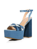 Blue Denim Stitch Patchwork Open-toe Platform Sandals With Buckle Ankle Strap