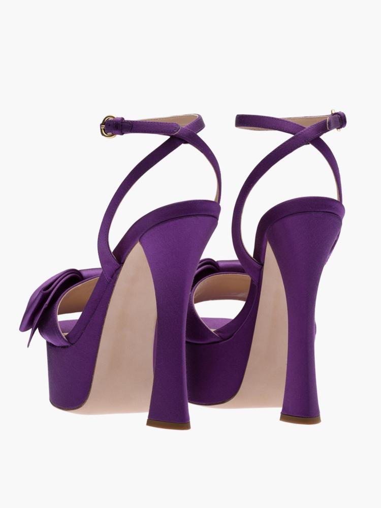 Purple Double Bows Silk Platform Flared Heeled Sandals With Round Toe Ankle Strap