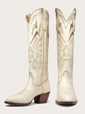 Bone Inlay Gold Lightning Knee High Boots Stitch Slip-On Round Cowgirl Heeled Boots